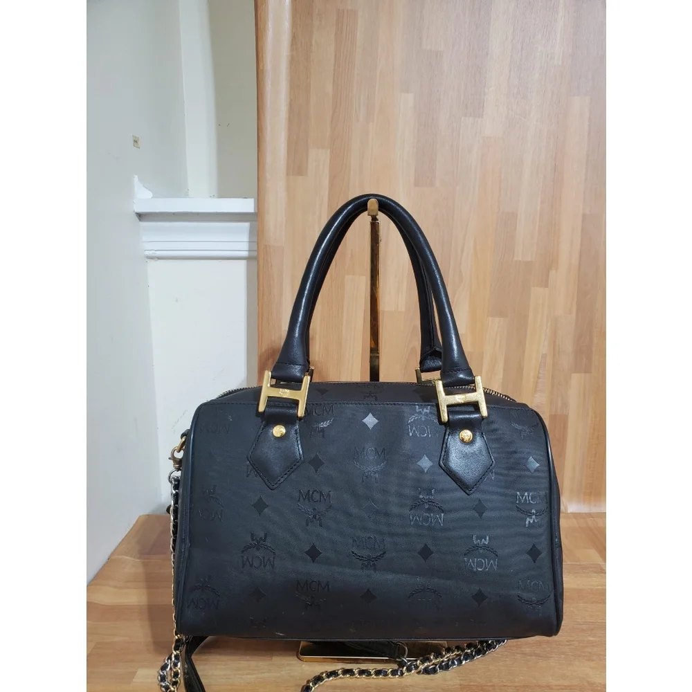 MCM Signature Visetos Monogram Boston Bag with Strap
